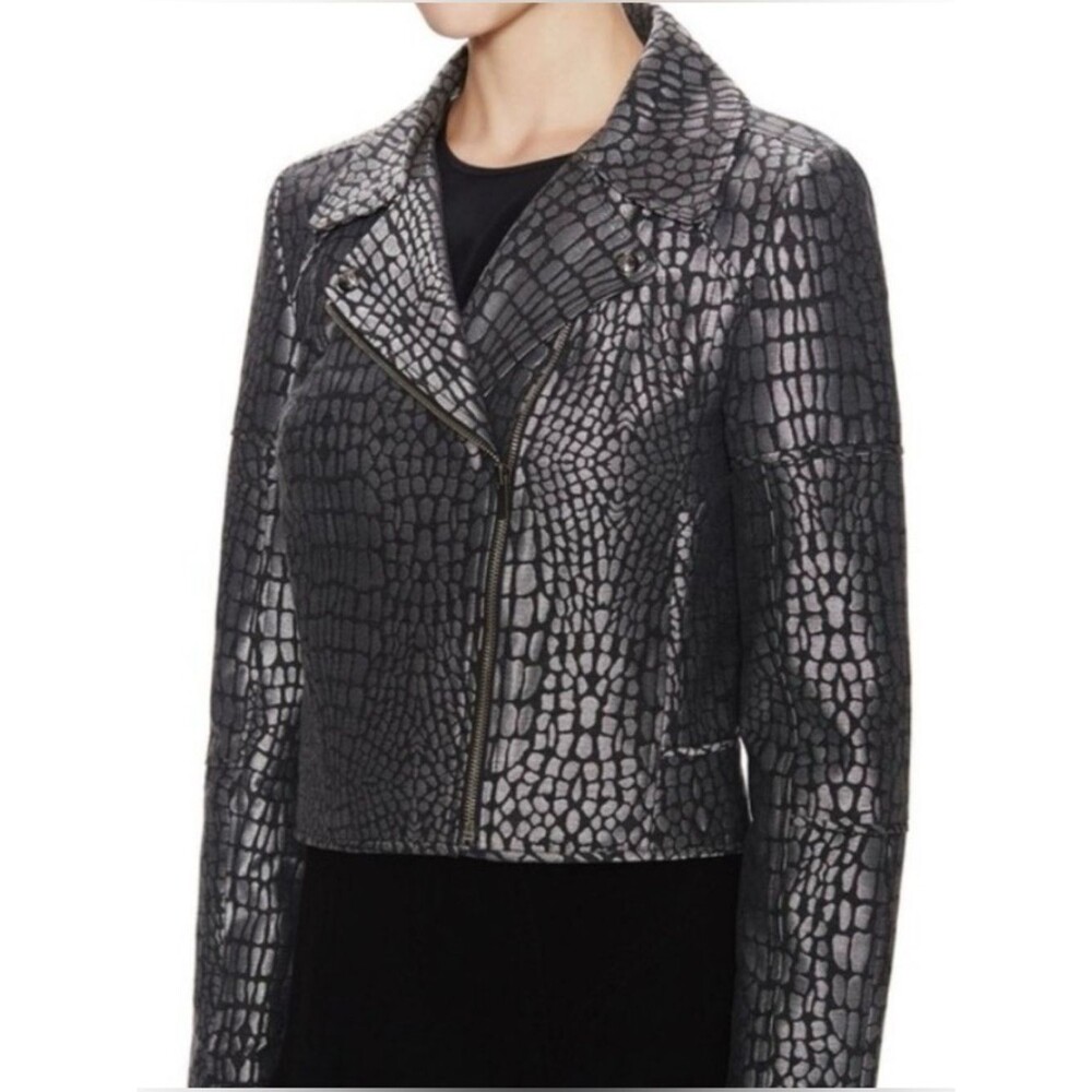Diane Von Furstenberg Gray/ Black Angie Alligator Print Moto Crop Jacket Size 4